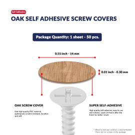 Oak Self-Adhesive Screw Hole Stickers - 50 pcs. 0.55 inch / 14 mm Peel Stick Dust Proof Tape, Water Resistance PVC Caps for Wood Cabinets, Furniture, Drawer, Wardrobe, Kitchen, Table