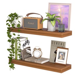 Floating Shelves for Wall,Light Walnut Wall Shelf Natural Wood 16 Inch Bathroom Shelves Over Toilet,Wall Mount Nursery Book Shelves with Invisible Brackets Set of 2 for Bedroom Living Room Kitchen