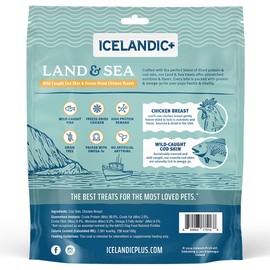 Icelandic+ Land & Sea Wild Caught Cod Skin & Freeze-Dried Chicken Breast -6.75oz Bag, Dog Treat & Food Topper, 2 Ingredient, No Preservatives, Natural