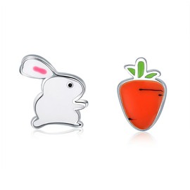 Cute Rabbit Carrot Stud Earrings for Women Girls 925 Sterling Silver Asymmetric Enamel Animal Vegetable Small Pet Bunny Cartilage Tragus Earrings Dainty Tiny Piercing Jewlery Gifts Birthday