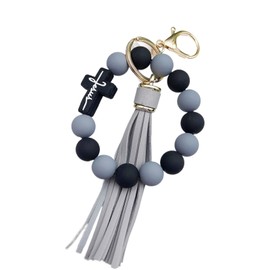 Jesemiah Beaded Keychain Wristlet Silicone Faith Cross Cute Elastic Wrist Key Ring with Tassel Bangle Key Chains for Car Key Bracelet for Women (Grey)