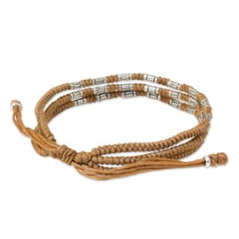 NOVICA Artisan Handmade Silver Accent Wristband Bracelet 950 Braided from Thailand Fine No Stone Beige Beaded Hill Tribe [7 in min L x 9.75 in max L 10 mm W] ' Forest Thicket in Tan'
