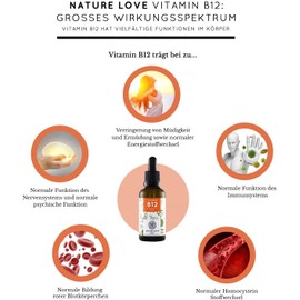 Nature Love® Vitamin B12 Drops Vegan in 50 ml (1700 Drops). Both active B12 shapes: Methyl & Adenosylcobalamine Vegan, highly bioavailable and made in Germany.