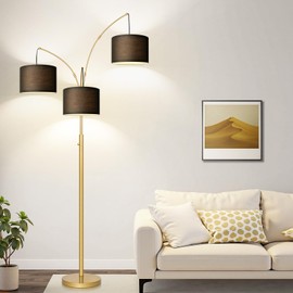 Nintiue Dimmable Floor Lamp - 3 Lights Gold Floor Lamps for Living Room with Black Shades & Heavy Base, Mid Century Tree Floor Lamp for Bedroom Office, 3 LED Bulbs Included