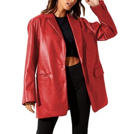 ABYOVRT Women Leather Jacket Oversized Faux Leather Blazer Button Down Lapel Coat with Pockets Vintage Streetwear (Red,Small)