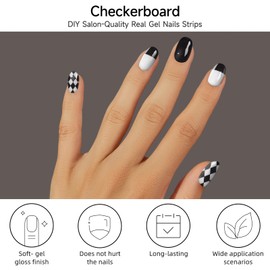 DUKASOU Semi Cured Gel Nail Strips, Checkerboard | 28 pcs Gel Nail Strips Work with Any UV Lamp, Salon Quality UV Nails Stickers, Easy to Apply for Home Nails DIY