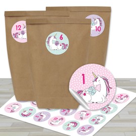 Papierdrachen Adventskalender zum Befüllen - mit 24 braunen Papiertüten und 24 Einhorn- Aufklebern - zum Selbermachen und Basteln - Mini Set Nr 28 - Weihnachtskalender für Kinder