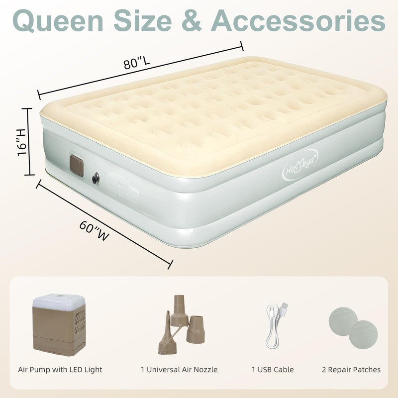 Queen Air Mattress with Built in Pump, Rechargeable, 16'' Raised,