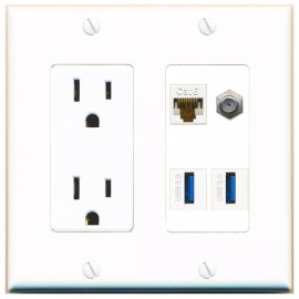 Wall Plate City CAT6 COAX 2 USB-3 Port Wall Plate w/Power Outlet White