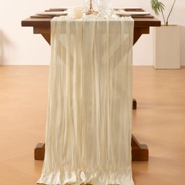 Socomi Beige 14ft Cheesecloth Table Runner 29x170 Inches Boho Rustic Wedding Tablecloth for Bridal Shower Wedding Party Decoration