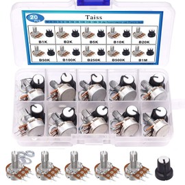 Taiss 40PCS Potentiometer Kit with Rotary knobs,WH148 B1K 2K 5K 10K 20K 50K 100K 250K 500K 1M Ohm potentiometers Assortment Single Linear Taper Rotary Audio B Type and Nuts,Washers