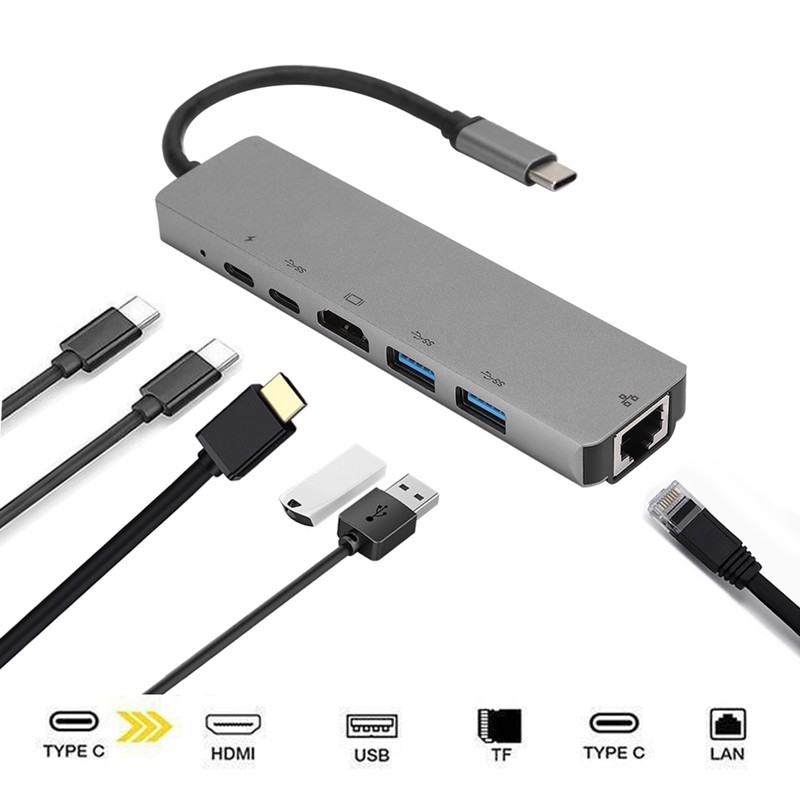 Lightweight Gray Metal 6 In-1 USB C to Type C