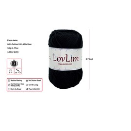 LovLim Yarn Pack, 2 skeins of 50g Each, Soft Cotton Yarn for Crochet and Knitting, Craft DK Amigurumi Yarn (Black)