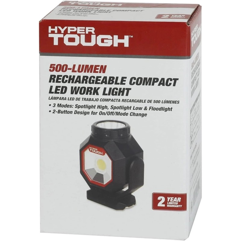 Hyper Tough 500 Lumen Rechargeable Compact Work Light, Integrated LED,