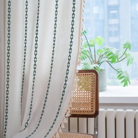 Sutuo Home Boho Curtains 84 inches Long for Bedroom, Semi Blackout Farmhouse Vintage Tassels Window Treatment Bohemian Embroidery Drape, Rod Pocket 1 Panel 52" W x 84" L, White and Emerald Green