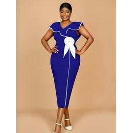 AOMEI Women's Elegant 3D Flower Color Block Dress V Neck Ruffle Bodycon Midi Evening Party Dresses (Blue,2X)