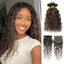 ALHER #F1B/27 Blonde Highlight Water Wave Human Hair Bundles with 5x5 Lace Closure, 12A Wet n Wavy Curly Skunk Stripe Colored Free Part HD Closure with Bundles 100% Remy Hair for Women 16 18 20+16 IN