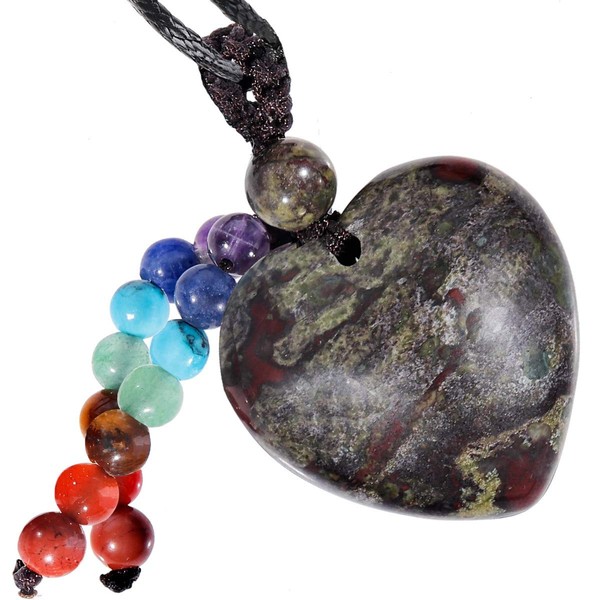 SUNYIK 7 Chakra Heart Stone Pendant Necklace for Women, Healing Crystal Stone Adjustable Amulet Necklace, Dragon Bloodstone