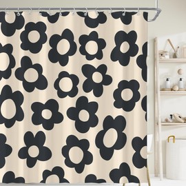 Visioun Black Cute Retro Floral Abstract Flower Shower Curtain for Bathroom 72W*72H Inch 70s Lovely Vintage Aesthetic Funky Bathtub Decor Modern Trendy Waterproof Polyester Fabric Set with 12 Hooks