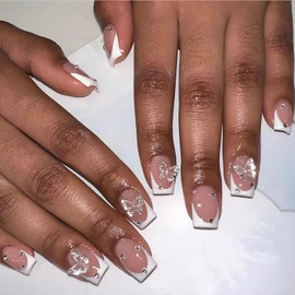 French Tip Press on Nails Short Square Fake Nails with Butterfly Design Nude Nails Press ons Acrylic Nails Glossy Glue on Nails Rhinestone Full Cover False Nails