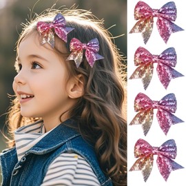 WRBAJIS 4Pcs Sequins Bow Hair Clips 3 Inch Cheer Bows Hair Barrettes Sparkling Hair Pins Cute Hair Accessories for Girls Teen Birthday School Party Favors (Pink Rainbow)