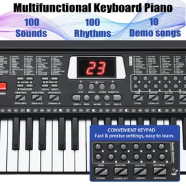 61 Key Keyboard Piano, Portable Electronic Keyboard Piano for Beginners with Speakers, Microphone, Sheet Music Stand, 100 Voices, 100 Rhythms, Digital Music Keyboard for Beginners