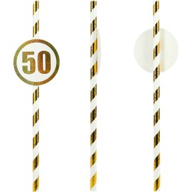 Pavilion Gift Company 50th Birthday-Pack Of 24 Gold & White Paper Straws With Stick On Numbers, 7.5"