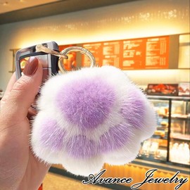 AVANCE Women's Paw Dog Cat Fur Charm Key Ring Cute Fluffy Pom Pom Popular Accessory, white/purple