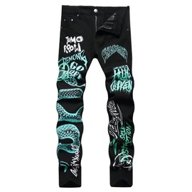 Baylvn Men's Punk Style Letter Pattern Green Snake Printed Jeans Pants,5705 Black,Size 32