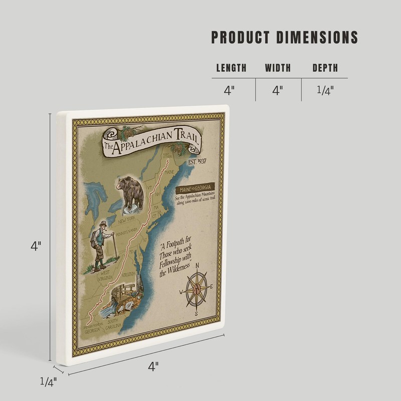 Lantern Press Appalachian Trail Map (Absorbent Ceramic Coaster, Single, Cork