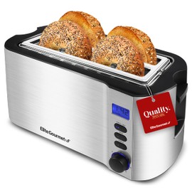 Elite Gourmet ECT4400B Long Slot 4 Slice Toaster, Countdown Timer, Bagel Function, 6 Toast Setting, Defrost, Cancel Function, Built-in Warming Rack, Extra Wide Slots for Bagels Waffle, Stainless Steel