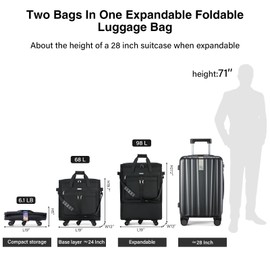 MILADA Travel Luggage Bag Suitcases with Wheels Expandable Foldable Travel Bag Collapsible Rolling Duffle Bag Large Suitcase for Men Women without Telescoping Handle, Black