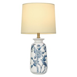 EUO 24.25" Blue Ceramic Table Lamp for Living Room, Classic Blue and White Lamp for End Table, Blue Birds and Flowers Lamps, Traditional China Nightstand Lamp for Bedroom