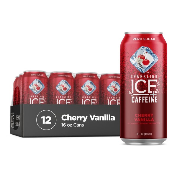 Sparkling Ice +Caffeine Cherry Vanilla Sparkling Water with Caffeine, Zero Sugar, with Antioxidants and Vitamins,16 fl oz Cans (Pack Of 12)