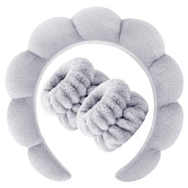 Zkptops Zkptops Spa Headband for Washing Face Wristband Set Sponge Makeup Skincare Headband Terry Cloth Bubble Soft Get Ready Hairbands for Women Girl Puffy Padded Headwear Non Slip Thick Hair Accessory(Grey)