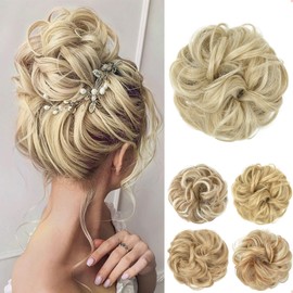 JJstar Bun Hairpiece Large Hair Piece Curly Wavy Human Hair Fake Elastic Hair Extensions for Women and Girls (Pale Ash Blonde)