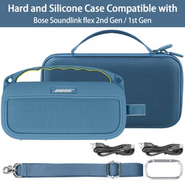 co2CREA Hard Case and Silicone Case Replacement for Bose New SoundLink Flex 2nd Gen/Bose SoundLink Flex Bluetooth Portable Speaker, Protective Case with Carabiner and Shoulder Strap (Blue Dusk Case)