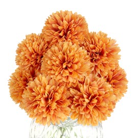 Jim's Cabin Artificial Flowers 10 Pcs Fake Silk Artificial Chrysanthemum Ball Hydrangea Bridal Wedding Bouquet for Kitchen Home Decor (Orange)