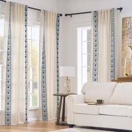 jinchan Weslie Boho Lined Linen Curtains for Bedroom Blue Vintage Floral Farmhouse Curtains 63 Inch Length Linen Drapes for Living Room Embroidered Drapes Rod Pocket Blue on Beige 2 Panels