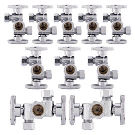 (Pack of 10) Seelink 1/4-Turn Dual Compression Outlet Angle Stop Valve, with 2 Shut Off Valve/Handles, 1/2" NOM (5/8" OD) x (3/8 inch x 3/8 inch) OD, Chrome Plated Brass