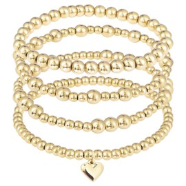 RDISOR Gold Bracelets for Women, 14K Gold Plated Beaded Bracelets Gold Stretch Bead Ball Bracelet stack Set Adjustable Heart Bracelet Jewelry Fashion Accessories for Thanksgiving Christmas Birthday