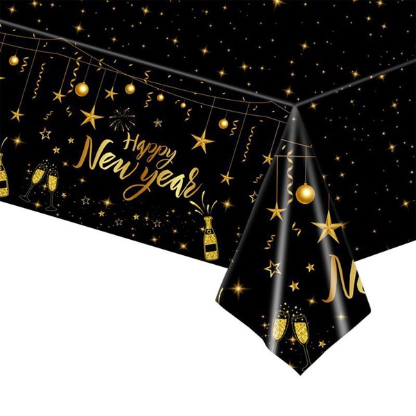Sgehenr 137 * 274Cm Black and Gold Party Tablecloth - New Years Eve Decorations 2024,Rectangular Happy New Year Table Cloths Party Disposable Plastic Table Cover for 2024 New Years Eve Party Supplies