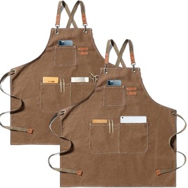 Kitchen Apron Canvas 2 Pack Work Apron with 3 Pockets Adjustable Strap BBQ Apron Waterproof Professional for Men Women Hairdresser Kitchen Gardener, brown