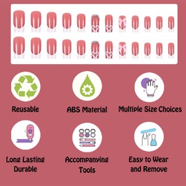 ANDGING White Press on Nails French Tip Square Short Medium Glue Nails for Women Pink Bow Fake Nails with Rhinestone Heart Designs Gel Stick on Acrylic Artificial False Nails for Wedding