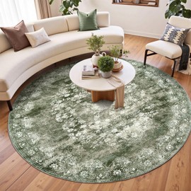 jinchan Round Rug 8ft Area Rug - Green Vintage Floor Mat Kitchen Indoor - Washable Circle 8' Thin Floral Print Carpet Retro Farmhouse Non Slip Dining Room Living Room Bedroom Office