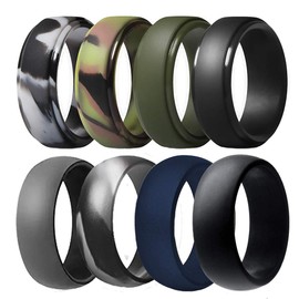 Finrray Anillo de Boda de Silicona para Hombres, Bandas de Boda de Goma Transpirable para Crossfit, Pesca, Caza, Paquete de 8, Camo,Navy Blue, Olive Green, Dark Grey, Black, Size 8 - (18.14 mm)