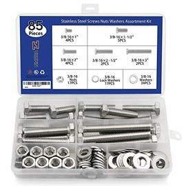 85PCS 304 Stainless Steel 3/8-16 Heavy Duty Hex Bolts Screws Nuts Flat Lock Washers Assortment Kit,7 Different Sizes