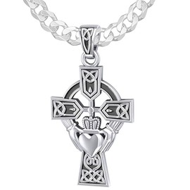 US Jewels Men's 925 Sterling Silver 32mm Irish Celtic and Claddagh Cross 3.7mm Curb Chain Necklace, 18in