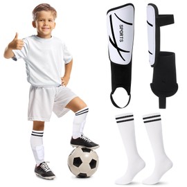 VercanMonth Soccer Shin Guards and Socks for Kids Youth 4-14, Lightweight Adjustable Strap Soccer Shin Pads with Ankle Protection Protective Football Equipment for Boys Girls Teens (White,Medium)