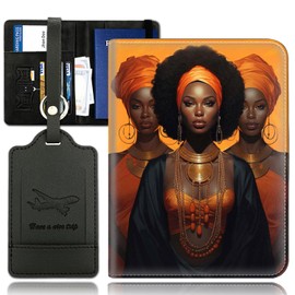 Passport Holder With Luggage Tag Set, Passport Cover With RFID Blocking, Multi-slot Passport Wallet, Waterproof Leather Travel Document Holder for Women Men, Women of African Descent Passport Case
